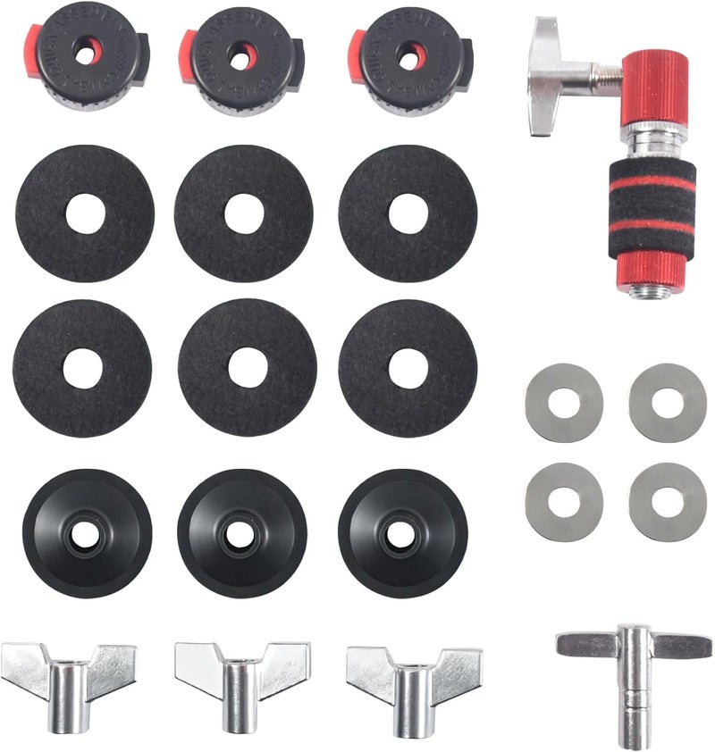 Seteol 21PCS Cymbal Replacement Accessories, Standard Hi-Hat Clutch, Drum Cymbal Felt Pads Include Wing Nuts & Washers & Plastic Cymbal Sleeves & Drum Key and Plastic Cymbal Nuts,Replacement for Drum Set - Image 1